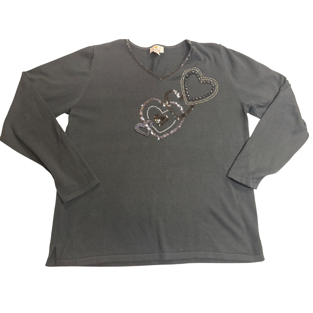 Quacker Factory Sweater Women's Black Excellent Sequin Heart V-Neck Sz Large